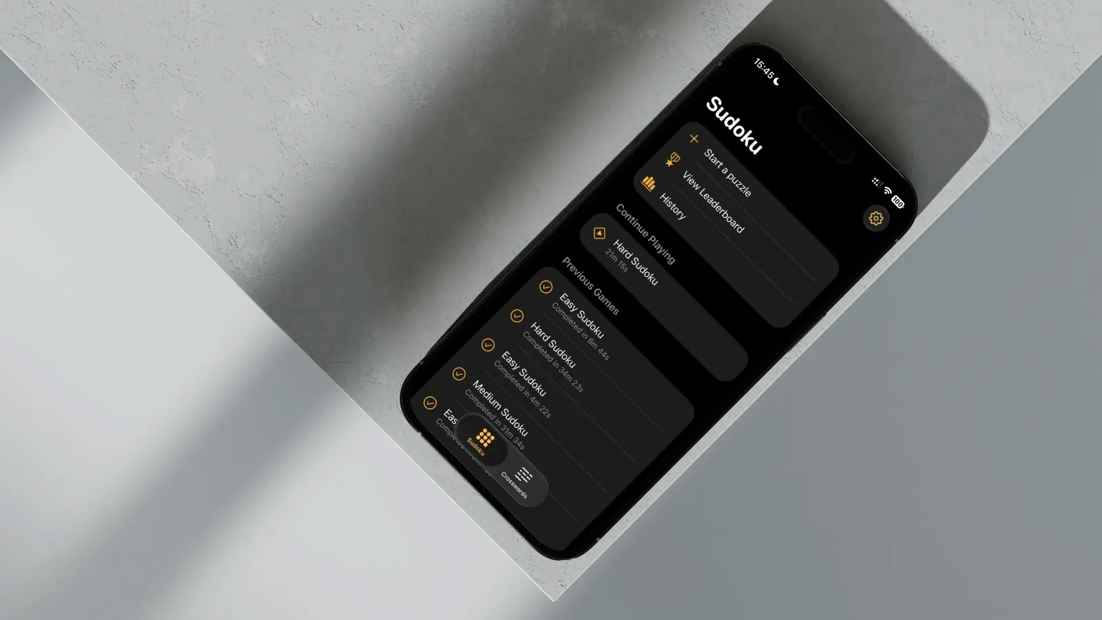 CharGrid home screen with active and completed puzzles